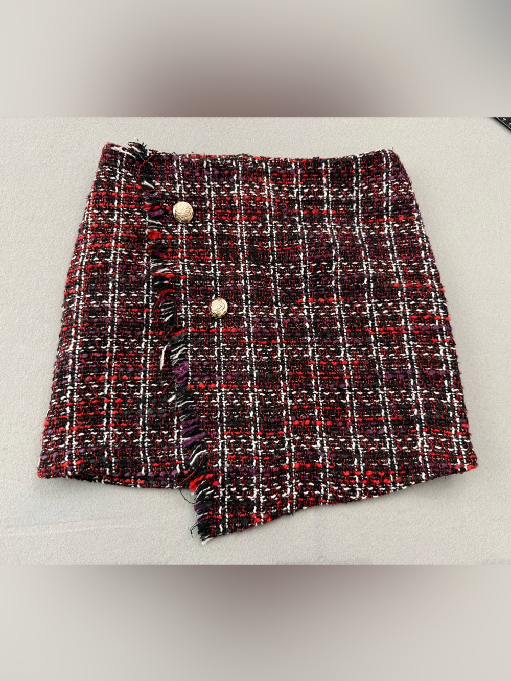 HYFVE Red Plaid Tweed Mini Skirt with Gold Buttons